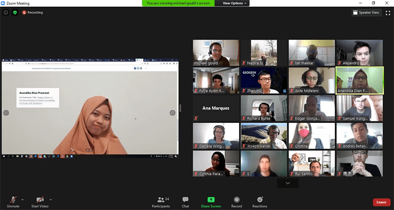 A screengrab of the EYSA 2020 winners from around the world meeting each other virtually